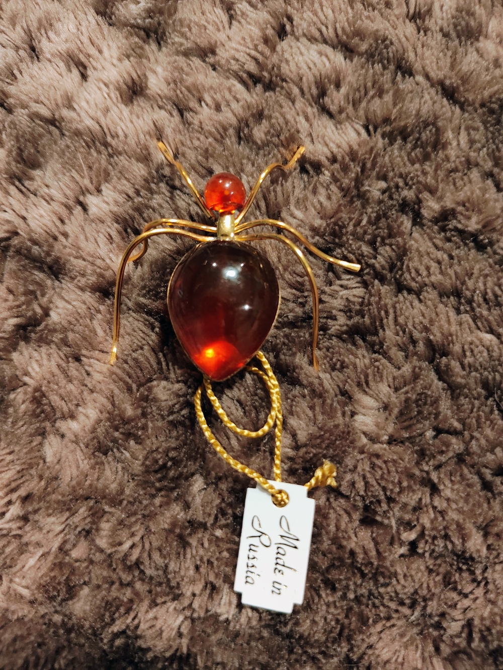 Amber Glass Spider Brooch with Gold Tone Finish